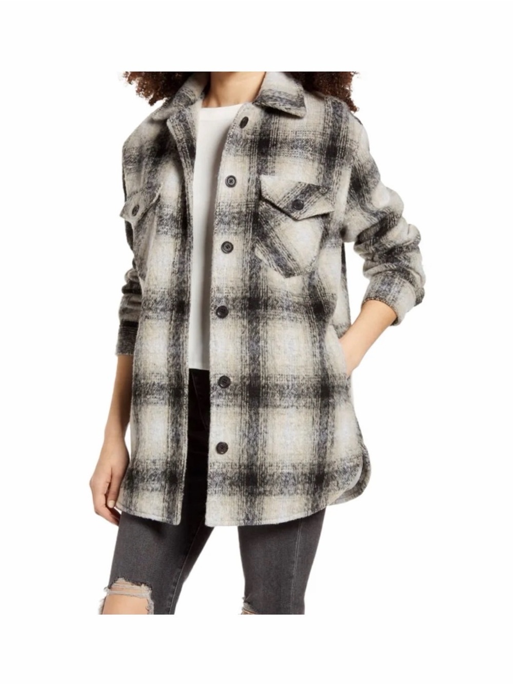 thread & supply black and cream plaid flannel shirt jacket